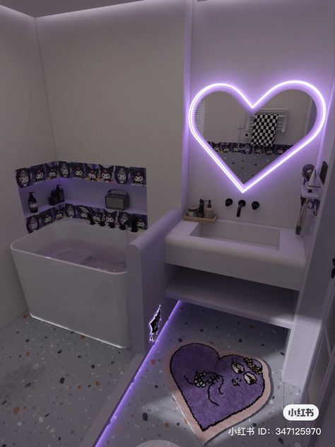 Kuromi Bathroom, Neon Light Aesthetic, Hello Kitty Dark, Sanrio Room Decor, Sanrio Bedroom, Kuromi Room, Hello Kitty Bathroom, Future Bedroom Ideas, Purple Bathroom Decor