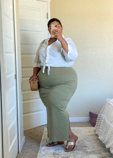 Espadrilles Outfit, Tan Outfit, Plus Size Baddie Outfits, Tie Front Shirt, Outfits For Summer, Outfit Options, How To Dress A Bed, Striped Midi Skirt, White Button Down Shirt