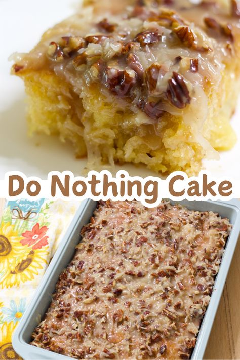 Do Nothing Cake is made from scratch using only 6 simple ingredients for the cake and 7 ingredients for the delicious coconut pecan topping. The cake is topped while it is still warm so you get to eat it almost right after it comes out of the oven. It is a different kind of poke cake that is easy and quick! Wasp Nest Cake, Peanut Butter Crumb Cake, Norman Marcus Cake, Do Nothing Cake Recipe, Easy Scratch Cake Recipes, Sticky Coconut Cake, Coconut Cake Mix Recipes, Easy Baking Recipes Desserts 3 Ingredients Simple, Pineapple Pecan Cake With Cream Cheese