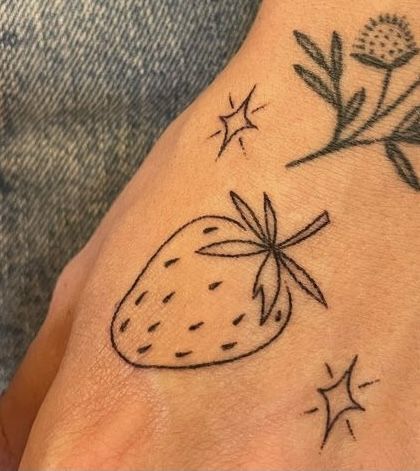 Strawberry Stick N Poke, Strawberry Tattoo Stencil, Strawberry Finger Tattoo, Matching Strawberry Tattoo, Black Strawberry Tattoo, Strawberry Stick And Poke, Strawberry Tattoo Outline, Fine Line Strawberry Tattoo, Strawberry Tattoo Simple