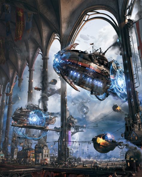 Spelle's "Her Majesty's Zeppelins" Ville Steampunk, Abstract Universe, Space Ocean, Steampunk City, Steampunk Artwork, Steampunk Airship, Steampunk Tendencies, Alien Ship, Art Steampunk