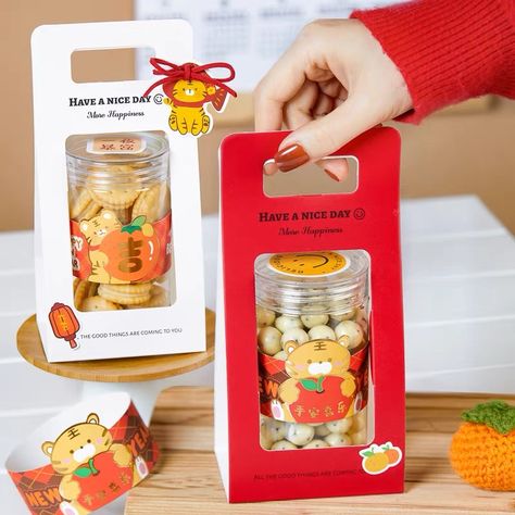 Doll Box Packaging Design, Chinese Hampers Ideas, Cny Hampers Idea, Cny Cookies Packaging, Food Hampers Packaging, Cny Hampers Packaging Design, Ramadhan Hampers Packaging, Hampers Packaging Ideas, Cookie Hampers