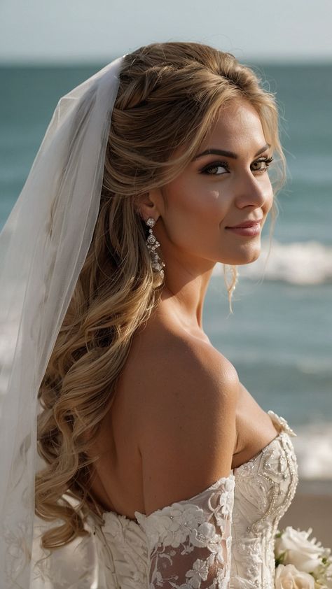 Discover the latest bride hairstyles with a veil for 2024 From elegant updos and chic crowns to simple tiaras and modern black hair options Explore down updo crown short hair tiara long simple updo buns half hair and more Beach Wedding Hair And Makeup, Veil Hairstyles Hair Down, Elegant Wedding Hair Down With Veil, Hairstyles With A Veil, Updo Buns, Cherry Cola Hair Color, Bridal Updo With Veil, Bride Hairstyles With Veil, Hairstyles 15