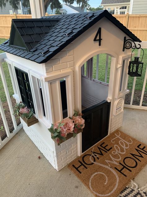 Playhouse With Kitchen, Fisher Price House Makeover, Playhouse Makeover For Dog, Diy Plastic Playhouse Makeover, Playhouse Outdoor Makeover, Diy Play House For Kids, Little Tikes Cape Cottage Makeover, Remodeled Playhouse, Decorated Playhouse