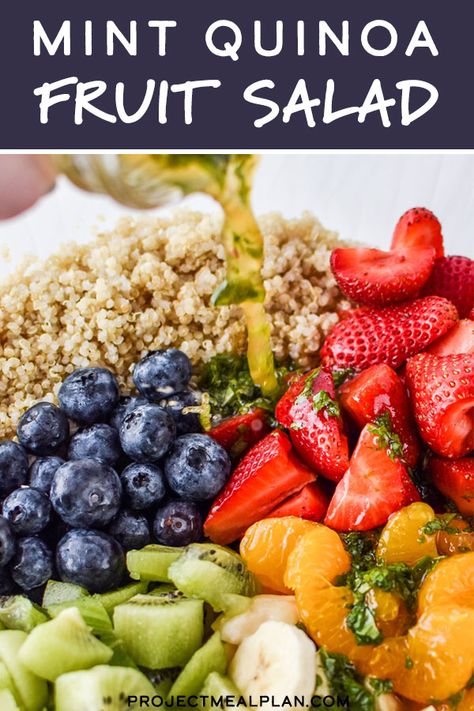 This Quinoa Mint Fruit Salad is filled with a delicious rainbow of berries, kiwi, banana, and mandarins. The quinoa and fresh fruit are tossed with a honey lime mint dressing for a refreshing salad everyone will enjoy! #fruitsalad #mintfruitsalad #quinoasalad #projectmealplan Mint Fruit Salad, Health Salad Recipes, Quinoa Fruit Salad, Fruit Salad Ingredients, Mint Dressing, Crab Salad Recipe, Green Salad Recipes, Fresh Fruit Salad, Winter Fruit