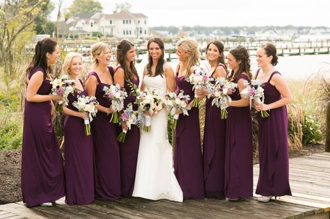 Dark Purple Amsale Bridesmaid Dresses  © Sarah Tew Photography, http://www.sarahtewphotography.com as seen at The Knot:  http://tinyurl.com/kx98smv Clark’s Landing, St. Catharine’s, Katydid Florals, Amsale, Stuart Weitzman, Black by Vera Wang, Bella Figura Deep Purple Bridesmaid Dresses Long, Dark Purple Bridesmaid Dress, Purple Wedding Dress Bridesmaid, Deep Purple Bridesmaid Dresses, Eggplant Bridesmaid Dresses, Purple Bridesmaid Dresses Long, Purple Dress Outfits, Dark Purple Bridesmaid Dresses, Beaded Sheath Wedding Dress