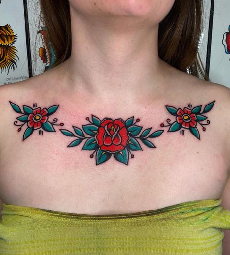 Kevin (@kevincarusotattooer) posted on Instagram: “Tats made in Detroit daily, DM for appointment #traditionaltattoo #traditionaltattooflash #traditional_flash #trflash #tattoo #tattooflash…” • Apr 13, 2022 at 8:50pm UTC Traditional Collar Tattoo, Chest Tattoo Female Traditional, American Traditional Collar Bone Tattoo, Traditional Rib Tattoo, Sternum Tattoo Women Traditional, Under Collar Bone Tattoos, Collar Tattoo, Interesting Tattoos, Traditional Style Tattoo