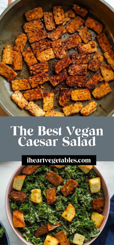 This tasty plant-based twist on a classic Caesar salad is perfect for a filling, healthy, and flavorful lunch! Made with tender kale, crunchy croutons, and savory tempeh, this recipe is so satisfying! High Protein Vegan Snacks, Vegan Caesar Salad, Vegan Caesar, Plant Based Soups, Vegetarian Quinoa, Classic Caesar Salad, Vegan Worcestershire Sauce, High Protein Vegan, Cooking For Beginners