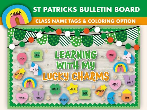 "If you are looking for a fun leprechaun-themed St. Patrick's Day activity that doubles as a beautiful St. Patrick's Day bulletin board display, you have found it! I love that this display uses the students' pictures because -- #classroomcommunity :) -- You can also pair this with a favorite St. Patrick's Day book for an exciting lesson for your students. There are so many ways you can use the included student activity. For example, you can read the book, \"How to Catch a Leprechaun,\" then have St Patricks Day Bulletin Boards, Lucky Charms Bulletin Board, Church Nursery, Board Display, Bulletin Board Display, St. Patricks Day, Classroom Bulletin Boards, School Bulletin Boards, Classroom Door