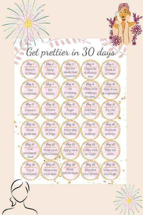 Get Prettier In 30 Days, No Phone Day Ideas, 30 Day Challenge Journal, 30 Day Tracker, Journal Checklist, How To Be Prettier, Beauty Challenge, Get Prettier, Challenge 30 Day