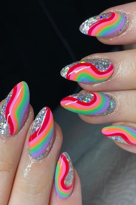 Rainbow Nails Design, Rainbow Nail Art, Funky Nail Art, Colorful Nails, Rainbow Nails, Summer Nails Colors, Heart Nails, Funky Nails, Dope Nails