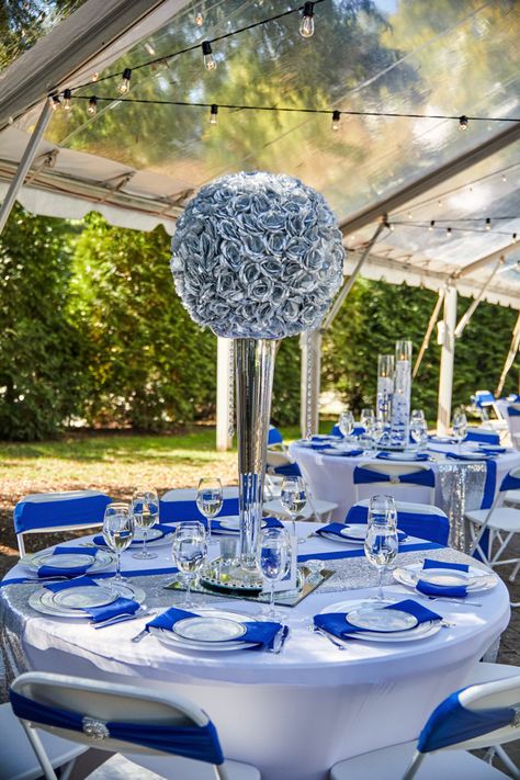 Blue Silver And White Table Decor, Royal Blue Table Setting Decor, Blue And Silver Table Setting, Royal Blue And Silver Wedding Reception, Blue Silver Event Decor, Blue Sliver White Wedding Decor, Royal Blue Silver And White Wedding Centerpieces Table Decorations, Chargers Plates Table Setting, Royal Blue Wedding Theme Centerpieces Budget-bride.shop