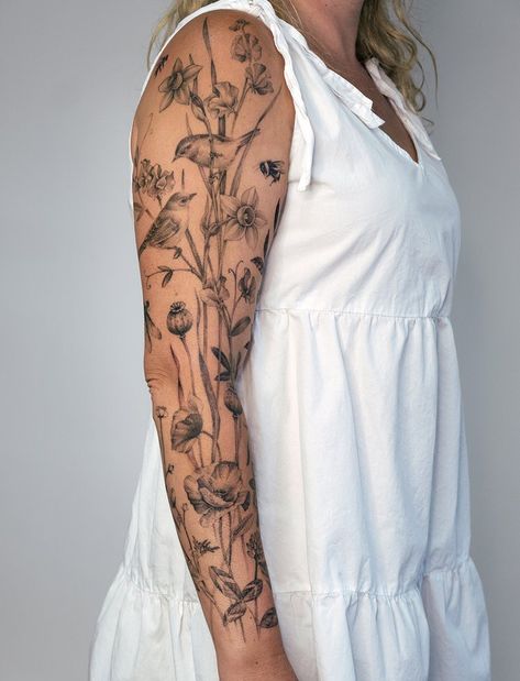 Garden Vine Tattoo, Patchwork Sleeve With Vines, Floral Sleeve With Butterflies, Botanical Arm Band Tattoo, Butterfly Garden Tattoo Sleeve, Flower Garter Tattoo, Botanical Leg Tattoo, Wildflower Tattoo Sleeve, Floral Leg Sleeve Tattoo