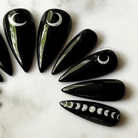 PRESS ON NAILS Goth Press Ons Matte Black Moon Nails Moon - Etsy Black Nails Crescent Moon, Rest In Peace Nails, Witchy Moon Nails, Witchy Square Nails, Moon Design On Nails, Moon Phase Nails Simple, Black Nails Alternative, Cresent Moon Nail, Moon Cycle Nails