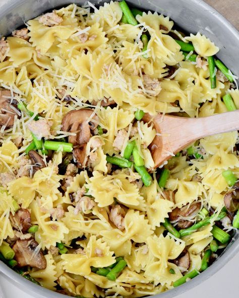 Easy Weeknight Pasta | Mushrooms, Asparagus & Italian Sausage Sausage Bow Tie Pasta, Sausage And Asparagus, Pasta With Olive Oil, Weeknight Dinner Pasta, Bow Tie Pasta, Asparagus And Mushrooms, Italian Sausage Recipes, Asparagus Pasta, Mild Italian Sausage