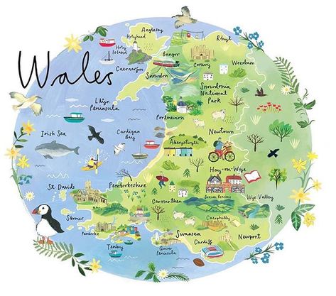 Beautiful map of Wales by @clairrossiter  Use #mapsyfinds to be featured Wales Map, Scotland Map, England Map, Contemporary Traditional, Wreck This Journal, Bullet Journal School, Travel Illustration, St Ives, Map Art Print