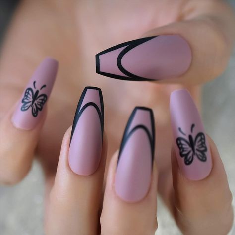 Introducing our stunning Frosted Butterfly Print Coffin Shape Nails in a 24-piece set. These full nails are both safe and gorgeous, offering a secure fit without harmful chemicals. Applying them is a breeze with liquid glue or adhesive tabs included. Enjoy the convenience of easy application and removal, ensuring a seamless experience. #nails #summernails #fakenails #acrylicnails #manicure #nailinspotrendy #funbeachnails #summerynails #summeracrylicnails Mauve Butterfly, Butterfly Press On Nails, Kiss Press On Nails, Neon Nail Designs, Nail Kits, Matte Nail Art, Cute Short Nails, Long Press On Nails, Nails Matte