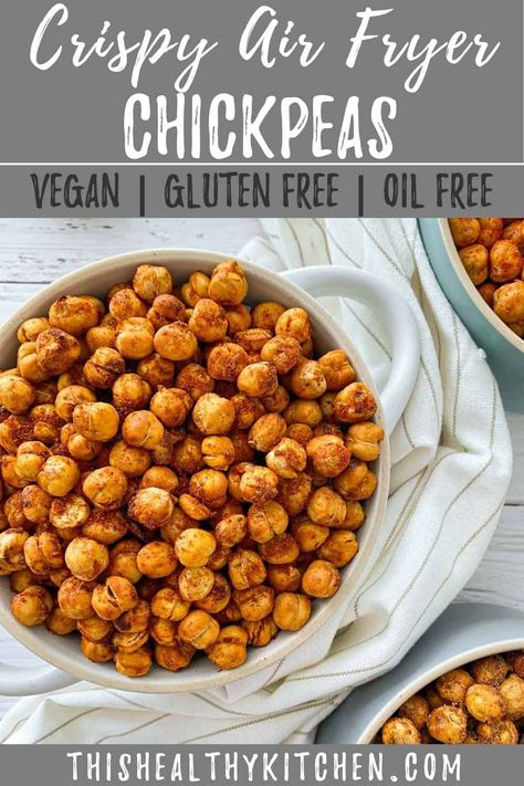 Crispy, crunchy air fryer chickpeas! They're simple to make and easier than roasted! So easy, so delicious, and a perfectly healthy and addictive snack. Using no oil, keeps this vegan snack low in fat too! #vegan #oilfree #airfryer Crispy Air Fryer Chickpeas, Airfryer Healthy, Air Fryer Chickpeas, Crunchy Chickpeas, 1200 Calorie, Air Fry Recipes, Crispy Chickpeas, Amazing Appetizers, Chickpea Recipes