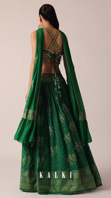 Exude understated glamour in this ethereal lehenga set. Decked with cutdana, mirror, pearls, sequin, and thread work, the lehenga comes crafted in luxe silk. Enhanced with captivating prints, it is paired with a sleeveless, V-neck blouse and a stylish dupatta. Ideal for grandeur weddings, this ensemble will ensure a head-turning entrance. Varun Bahl Lehenga, Green Silk Lehenga, Stylish Dupatta, Rakhi 2024, Varun Bahl, Mother Dearest, Understated Glamour, Patterns Wallpaper, Fancy Blouse