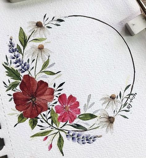 Floral Wreath Painting Acrylic, Circle Flower Drawing, Watercolor Wreaths Floral, Watercolour Flower Wreath, Flower Wreath Drawing, Floral Wreath Drawing, Watercolor Flower Wreath, Watercolor Floral Wreath, Paper Art Design