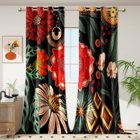 PRICES MAY VARY. ☀️️𝟭𝟬𝟬% 𝗙𝗨𝗟𝗟 𝗕𝗟𝗔𝗖𝗞𝗢𝗨𝗧 𝗖𝗨𝗥𝗧𝗔𝗜𝗡𝗦: Set includes 2 panels of bohemian flower blackout curtain（52 inch wide by 108 inch long each). Each panel has 8 grommets. The interior diameter of the hole is 1.6 inch. It's easy to hang. Curtains are made of 100% high quality polyester fabric. Bohemian-style blackout curtains featuring a rich and colorful botanical floral design offer an exquisite blend of functionality and decorative charm. 🚫𝗘𝗙𝗙𝗘𝗖𝗧𝗜𝗩𝗘 𝗟𝗜𝗚𝗛𝗧 One Curtain Panel On Window, Black Floral Curtains, Unique Curtain Ideas, Boho Shades, Chinoiserie Curtains, Bold Curtains, Floral Drapery Fabric, Black Out Curtains, Boho Bed