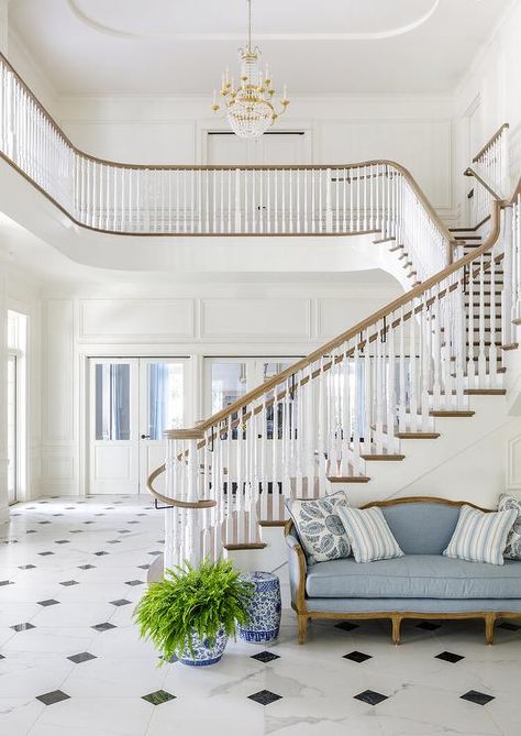 White Foyer, White Marble Tile Floor, Blue Tile Floor, French Settee, Berkeley Homes, White Stairs, Hallway Colours, Tiled Hallway, Blue Shutters