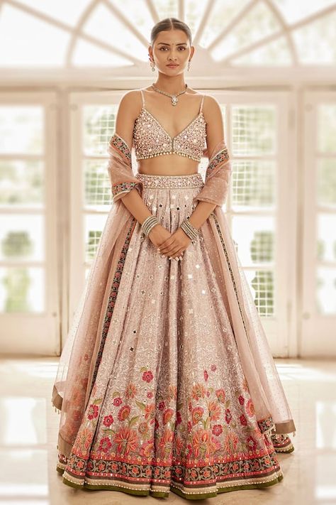 Pink attached cancan lehenga with flower vine print, accentuated with floating flowers, mirror embroidery. Paired with a padded blouse with pearls and mirror embroidery. Comes along with a dupatta with printed border. - Aza Fashions Aza Fashion Lehenga, Flower Lengha, Mehndi Lehnga Designs, Flower Lehenga, Ivory Lehenga, Flowers Mirror, Embroidered Bridal Lehenga, Cancan Lehenga, Desi Vibes