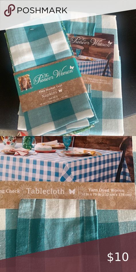 Pioneer Woman tablecloth and napkin Table Clothes, The Pioneer Woman, Pioneer Woman, Napkins Set, Yarn Dyeing, Aqua Blue, Table Cloth, Napkins, Yarn