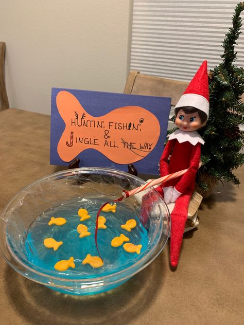 Goldfish, blue Gatorade, saran wrap, and a candy cane. Huntin’, Fishin,’ & Jingle All The Way Elf On The Shelf Goldfish, Candy Cane Elf Ideas, Blue Gatorade, Elf On The Shelf Idea, Saran Wrap, Elf Ideas, Jingle All The Way, Shelf Ideas, Deck The Halls