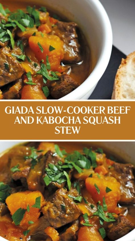 Giada Slow-cooker Beef and Kabocha Squash Stew Beef And Squash Stew, Beef Squash Stew, Beef Stew With Butternut Squash, Kobucha Squash Soup, Kobucha Squash Recipes, Kabocha Recipes, Squash Kabocha, Kabocha Soup, Animal Diet