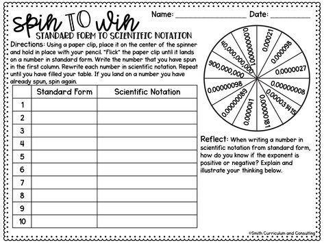 Spin to Win activities require minimal prep (copying and providing a paper clip) and are fun, engaging and reflective all at the same time. Students are enjoying creating their own assignment as no two will be the same and then reflecting on they have practiced throughout. #math #scientificnotation #middleschool Scientific Notation Activity, Scientific Notation Activities, Scientific Notation Worksheet, Math Manipulative, Character Worksheets, Middle School Special Education, Radical Expressions, Third Grade Writing, Scientific Notation