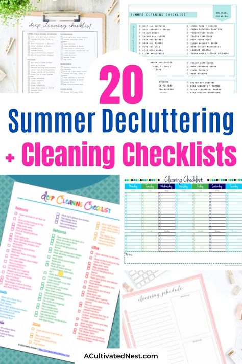 20 Summer Cleaning and Decluttering Checklists- Summer is the perfect time for cleaning, and these summer cleaning and decluttering checklists will have your home tidy in no time! Many are also free printables, for even easier use! | #freePrintables #cleaningChecklist #declutteringChecklist #cleaningSchedule #ACultivatedNest Summer House Cleaning Schedule, Summer Deep Cleaning List, Summer Cleaning Schedule, Summer Declutter, House Cleaning Checklist Free Printable, Summer Cleaning Checklist, Simple Cleaning Checklist, Cleaning List Printable, Deep Cleaning Lists