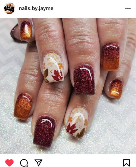 Autumn Nails With Nail Art, Cute Fall Nail Ideas For Acrylics, Gel Manicures Designs, Fall Nail Designs September, Fall Gel Short Nail Designs, Sept Nails Designs, Autumn Nails Fall Short, Nail Ideas With Designs Fall, Fall Themed Nail Designs