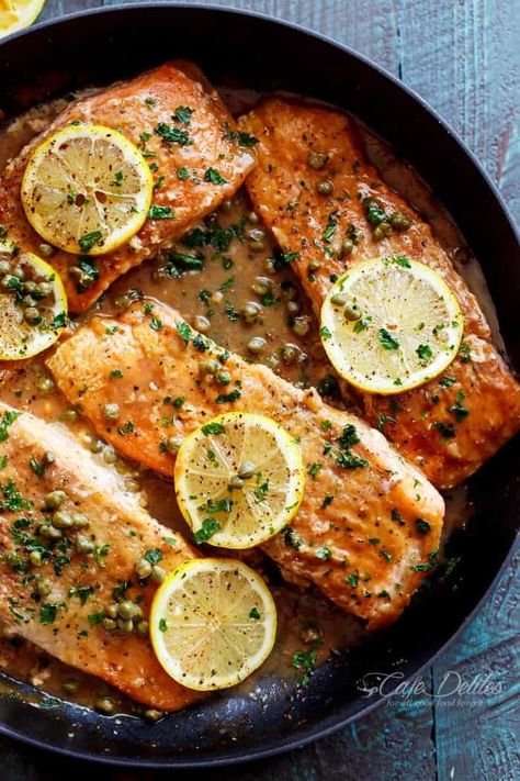 Easy Salmon Piccata - Cafe Delites Salmon Piccata, Piccata Recipe, Garlic Butter Salmon, Butter Salmon, Garlic Salmon, Cafe Delites, Easy Salmon, Gourmet Cooking, Fish Dishes