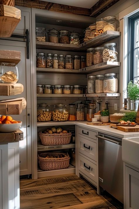 Farmhouse Kitchen Pantry Ideas - Quiet Minimal Boho Pantry Ideas, Skullery Ideas, Farmhouse Kitchen With Pantry, Pantry With Island, Home Pantry Design, Organized Pantry Ideas, Farmstead Kitchen, Black Pantry, Italian Pantry