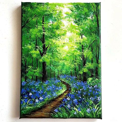 Forest With Flowers Painting, Flower Landscape Painting Acrylic, Garden Painting Ideas Canvas, Flower Forest Drawing, Forest Painting Landscape, Tree Paintings Acrylic, Fairy Garden Painting Canvas, Simple Forest Painting, Landscape Art Painting Acrylic