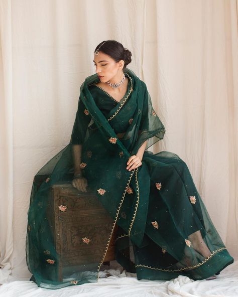 DYOT (@dyot.pk) • Instagram photos and videos Do Your Own Thing, Saree Embroidery, Embroidered Saree, Bottle Green, Silk Blouse, Desi, Victorian Dress, Saree, Silk