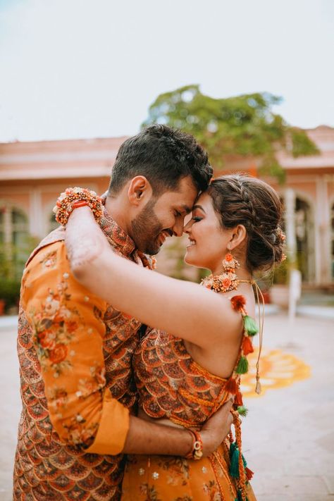 Glam Destination Wedding With The Bride Who Designed Her Own Outfits | WedMeGood Haldi Photoshoot, Marriage Poses, Pre Wedding Photoshoot Props, Indian Wedding Poses, Indian Wedding Photography Couples, Engagement Photography Poses, Wedding Photoshoot Props, Wedding Portrait Poses, Bridal Photography Poses