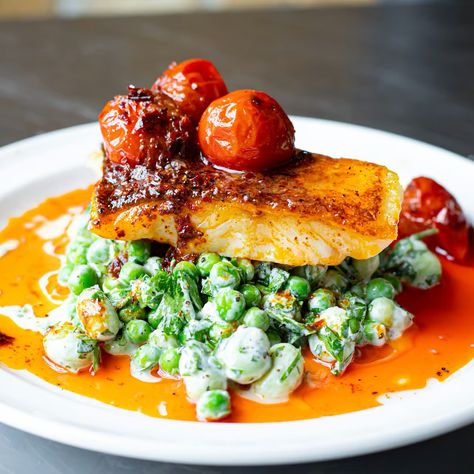 Mob — Cod with Yoghurt, Peas & Harissa Butter Harissa Fish, Almond Biscotti Recipe Easy, Harissa Butter, Cod In The Oven, Almond Biscotti Recipe, Broad Beans, Herb Salad, Fava Beans, Healthy Lunch Recipes