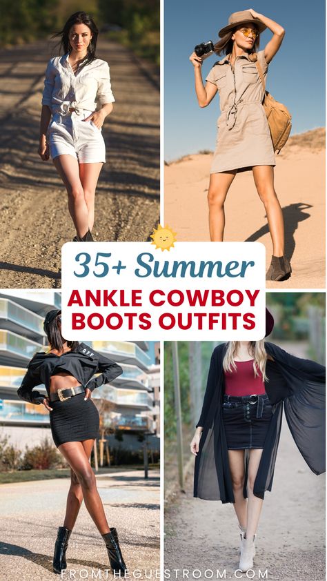 women wear ankle cowboy boots in summer, western outfits Outfits With Short Cowboy Boots, Cowgirl Outfits Summer, Cowboy Boots Summer Outfit, Flowy Dresses Casual, Cowboy Boots With Dress, Boots Summer Outfit, Cowboy Boots Summer, Ankle Cowboy Boots Outfit, Boots With Dress