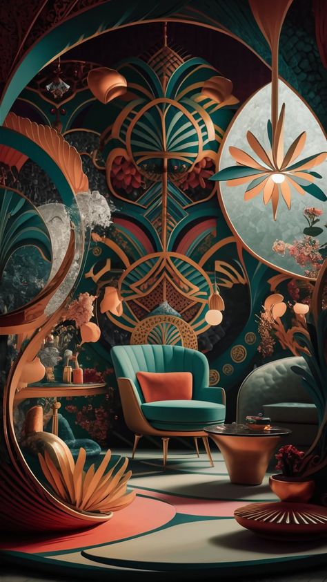 Step into a vibrant 1960s-inspired interior featuring intricate geometric patterns and whimsical botanical elements. This eclectic space showcases mid-century modern design, rich textures, and metallic accents, all bathed in soft, diffused lighting. Perfect for lovers of vintage decor and nostalgia, this enchanting scene captures the essence of retro wallpaper and Art Nouveau charm. #RetroDecor #MidCenturyModern #PsychedelicArt Art Noveau Interiores, Art Nouveau Interior Design, Nouveau Interior Design, Art Nouveau Bedroom, Art Nouveau Design Interior, Diffused Lighting, Art Nouveau Interior, 1960s Inspired, Botanical Elements