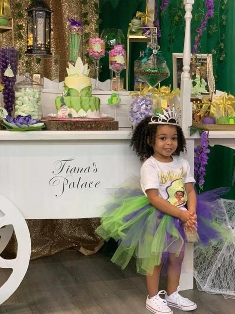 Princess And Frog Birthday Party, Princess Tiana Birthday Party Table, Princess Tiana Birthday Outfit, Baby Tiana Birthday Party, Princess And The Frog Birthday Outfit, Princess And The Frog 1st Birthday Party, Princess Tiana Birthday Cake, Princess Tiana Backdrop, Princess And Frog 1st Birthday