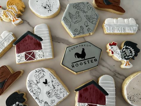 12 Rooster/Chicken themed cookies made from scratch YUM!  2-chickens/roosters  2- outline drawings with farm fresh  2- barns  2- eggs   2-egg cartoons   2- custom signs  Messages for custom requests or specific details for a special event.  PLEASE READ BEFORE PURCHASING: Cookies are baked fresh and shipped out ONE WEEK after date of purchase, excluding Sundays and postal holidays. all shipments go out Monday- Tuesday of each week.  Orders are shipped UPS  (approximately 3-5 days in transit, howe Chicken Themed Baby Shower Ideas, Chicken Baby Shower Theme, Rooster Cookies, Fair Cookies, Chuck Chicken, Chicken Cookies, Kate Baby, Gender Reveal Cookies, Sugar Dough