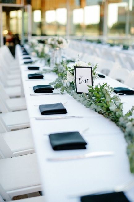 Table setting for buffet dinner | Weddings, Planning | Wedding Forums | WeddingWire Blue White And Greenery Wedding, Greenery Wedding Table, White And Greenery Wedding, Wedding Reception Tablescapes, Wedding Table Themes, Black Napkins, Art Gallery Wedding, Wedding Table Designs, Reception Tablescapes