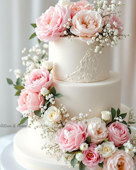 Wedding Ideas Pink And White, Wedding Cake Pink Flowers, Wedding Cake Pink, Spring Wedding Cake, Wedding Cake Roses, Pink Wedding Theme, Pink Wedding Cake, Wedding Colour, Creative Birthday Cakes