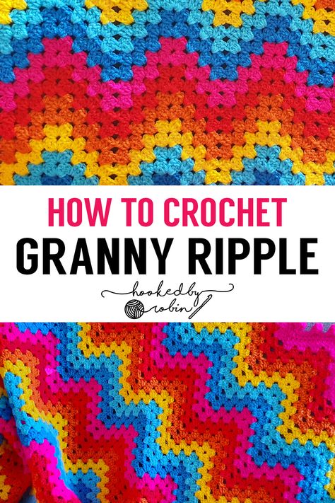 Learn how to crochet the Granny Ripple / Chevron Stitch AND How to Crochet a Border Around it! A full complete step by step guide - both written pattern AND video tutorial! Crochet Bobble Blanket, Ripple Stitch Crochet, Hooked By Robin, Crochet Patchwork Blanket, Chevron Crochet Blanket Pattern, Bobble Blanket, Ripple Afghan Pattern, Chevron Crochet Patterns, Crochet Granny Stitch