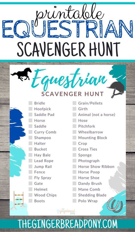 Have you ever gone on a scavenger hunt? They are a lot of fun and a great way to explore. Scavenger hunts also work wonderfully for boredom busters or to fill in the gaps between other activities during a camp day. This printable equestrian themed scavenger hunt includes 36 different items that are commonly found in and around a horse farm. The file is a PDF and you can print as many copies as you need, for personal use. #printable #equestrian #thegingerbreadpony #horse Horse Themed Scavenger Hunt, Horse Camp Scavenger Hunt, Fun Horse Activities, Horse Bingo Printable Free, Equestrian Bingo, Horse Camp Activities Ideas, Fun Horse Riding Games, Pony Camp Ideas, Horse Lesson Ideas