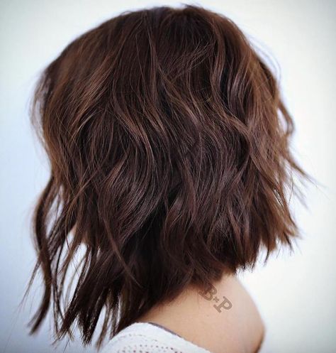 Choppy Angled Brown Bob Medium Inverted Bob Hairstyles, Dark Chocolate Hair, A Line Haircut, Dark Chocolate Brown Hair, Brown Bob, Hair Color Chocolate, Chocolate Brown Hair Color, Thick Wavy Hair, Textured Bob