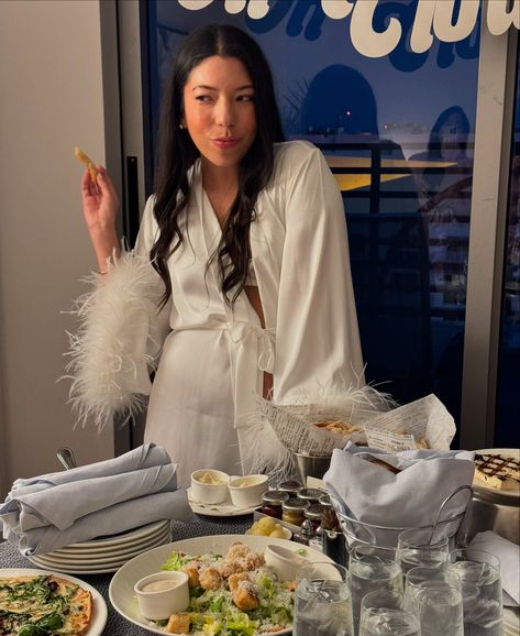 bach night 1 was a pajama party in the suite! We wore silky feather robes, ordered room service, played games, opened gifts & had tons of champagne 🍾 . . . . Bachelorette party, pajama party, Miami bachelorette party, bride to be, bride outfits, bride aesthetic #bridetobe #bachelorette #bacheloretteparty #miamibachelorette #pajamaparty #featherrobe #brideoutfits #miamibride #brideaesthetic Feather Robes, Bachelorette Lingerie Party, Lingerie Bachelorette, Bride Aesthetic, Miami Bachelorette, Miami Bachelorette Party, Bride Outfits, Bachelorette Party Bride, Lingerie Party