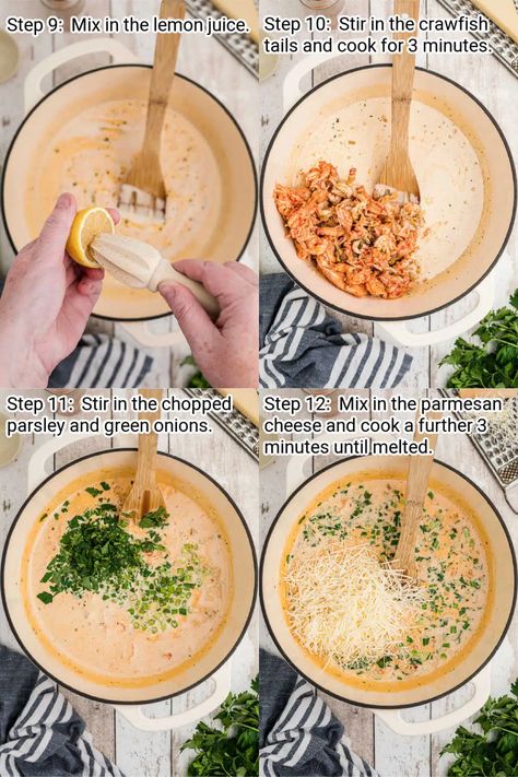 four images showing the steps needed to make a crawfish monica Easy Crawfish Pasta, Crawfish Dinner Ideas, Creamy Crawfish Pasta, Crawfish Pasta Recipes New Orleans, Recipes With Crawfish, Crawfish Pasta Recipes, Crawfish Recipes Easy, Cajun Crawfish Pasta, Crawfish Monica Recipe